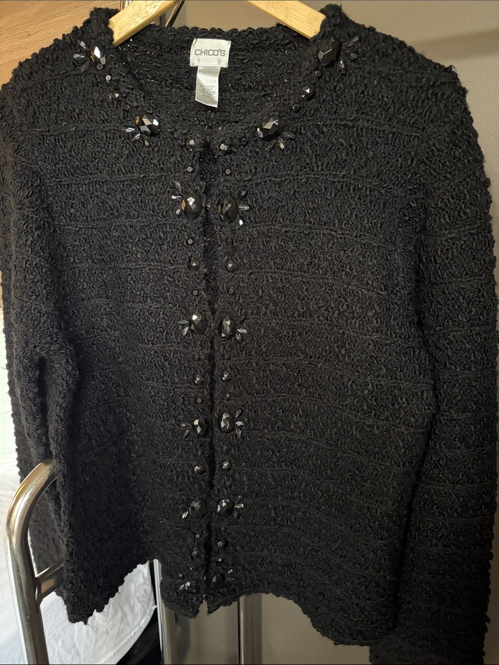 Chico’s Women’s Embellished Beaded Black Cardigan Pockets Size 3 or Sz XL